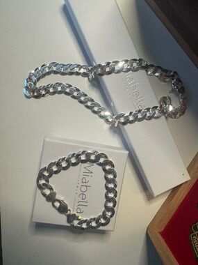 Abella Silver Cuban Link Necklace and Bracelet Set